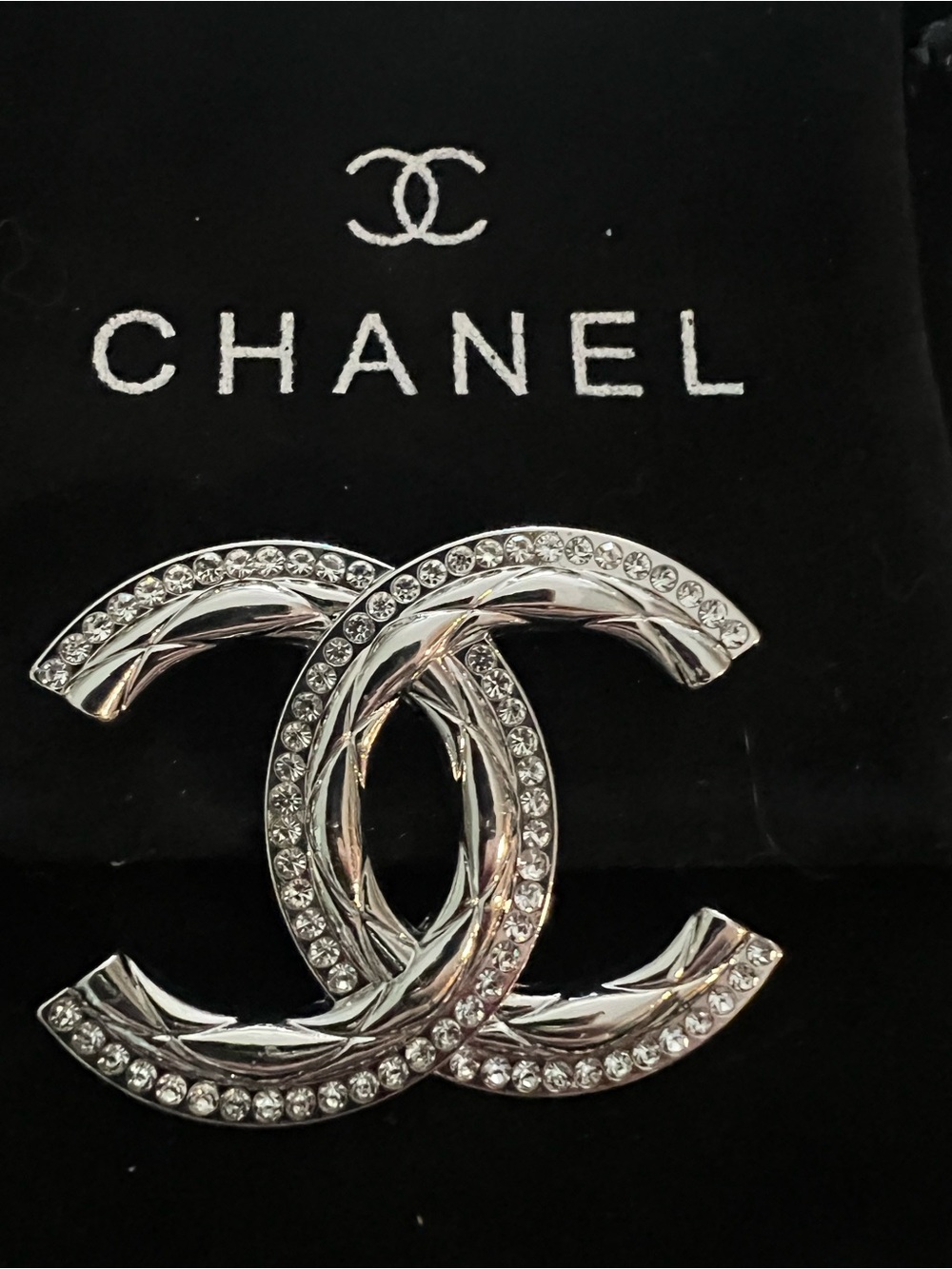 Chanel Silver Crystal CC Logo Brooch - Silver